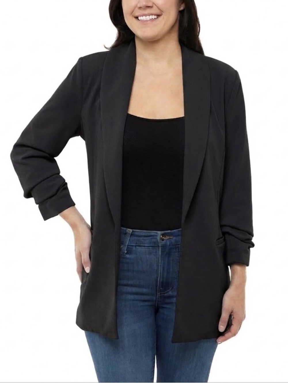 NWT Dakota Blue Black Open Front Shawl Lapel Blazer Small
